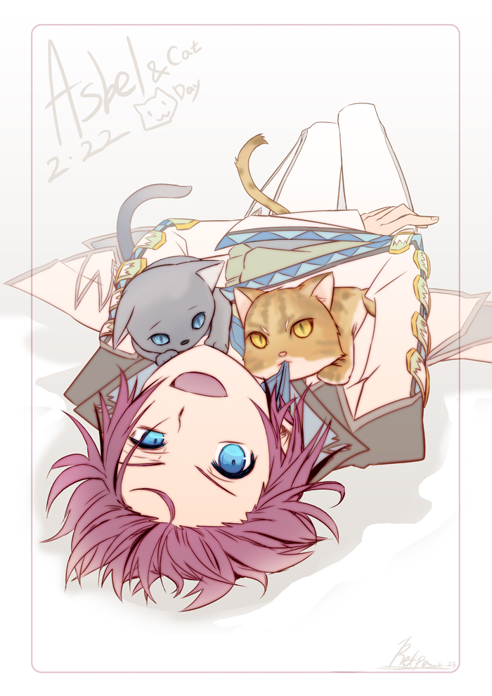 asbel_lhant, blue_eyes, cat, character_name, coat, male, pants, purple_hair, retpa, smile, solo, tales_of_(series), tales_of_graces, white_background