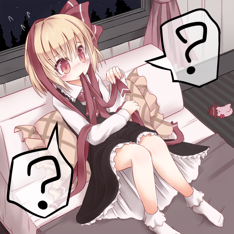 ?, ascot, bed, black_hair, blonde_hair, blush, character_doll, hair_ribbon