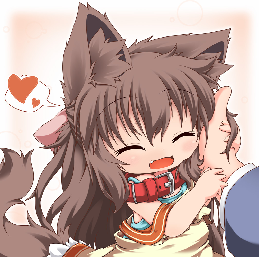 :d, animal_ears, brown_hair, chibi, closed_eyes, collar, dog_ears, dog_tail