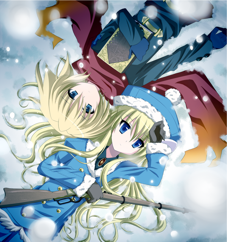 blonde_hair, blue_eyes, book, coat, gun, gunner, hat, remoyona