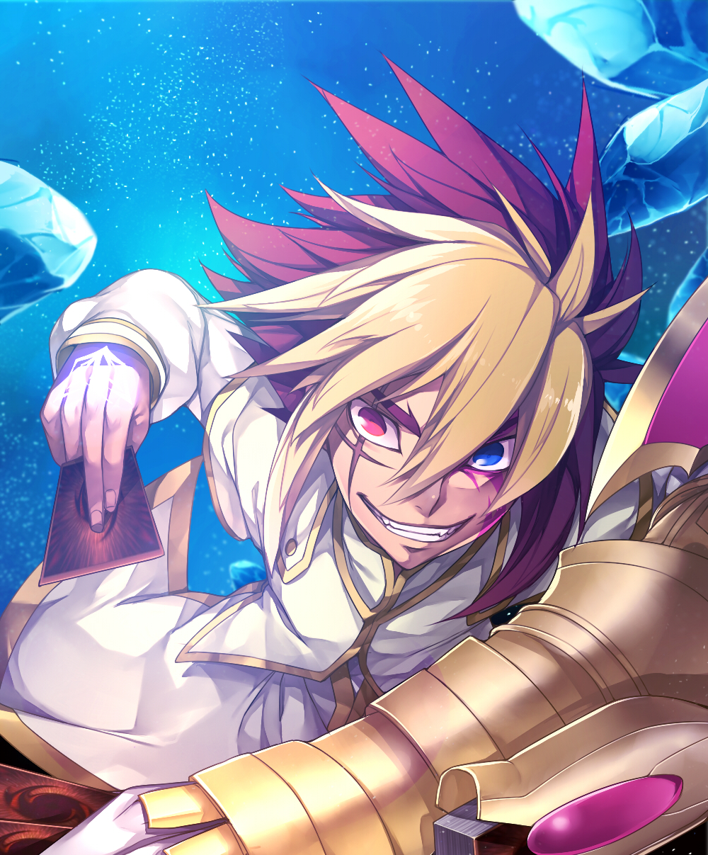 blonde_hair, blue_eyes, card, grin, heterochromia, highres, hitoto, intravenous_drip