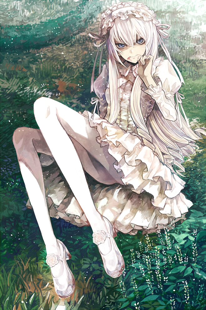 arm_up, blood, blood_on_face, blue_eyes, dress, grass, hairband, lolita_fashion