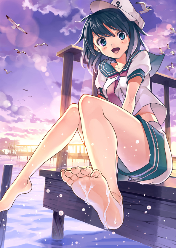barefoot, bird, black_hair, blue_sky, blush, cloud, dripping, dutch_angle, feet, feet_in_water, foreshortening, happy, hat, jetty, lens_flare, long_toenails, matsui_hiroaki, murasa_minamitsu, neckerchief, pier, pov_feet, sailor, sailor_hat, seagull, short_hair, shorts, sitting, sky, soaking_feet, soles, solo, sunset, toenails, toes, touhou, twilight, water, wet