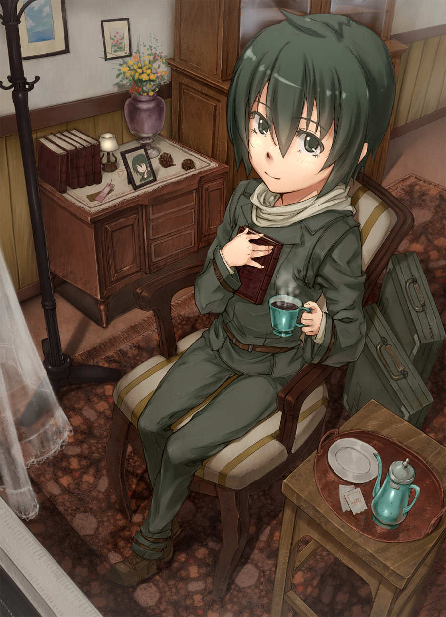 androgynous, armchair, bangs, book, cabinet, chair, chest_of_drawers, crossdressinging, cup, curtains, desk, dutch_angle, female, flower, from_above, gabiran, green_eyes, green_hair, hatrack, highres, indoors, kettle, kino, kino_no_tabi, lamp, looking_at_viewer, looking_up, pants, perspective, photo, photo_(object), pine_cone, pinecone, reverse_trap, rug, saucer, short_hair, sitting, smile, solo, steam, sugar, suitcase, tea, teapot, tomboy, tray, vase, window