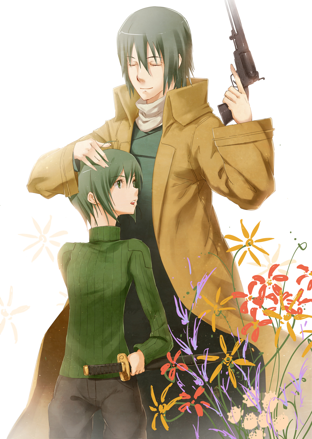 1girl, androgynous, cosplay, costume_switch, crossdressinging, flower, gabiran, gun, handgun, highres, katana, kino, kino_(cosplay), kino_no_tabi, pants, pistol, polo_neck, reverse_trap, revolver, ribbed_sweater, shizu, shizu_(cosplay), sweater, sword, tomboy, trench_coat, trigger_discipline, turtleneck, weapon