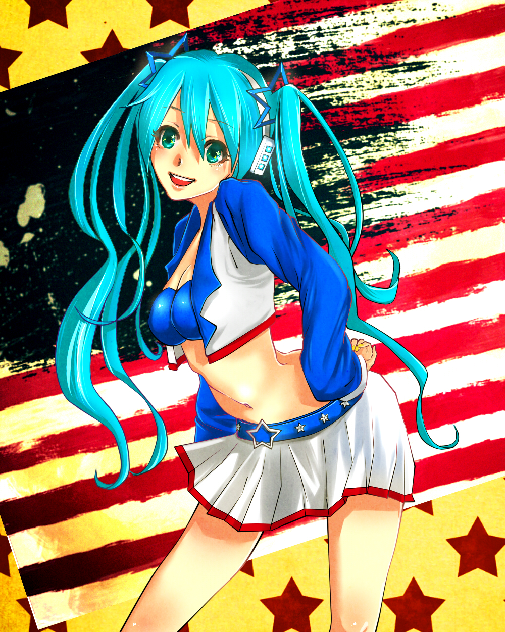 american_flag, aqua_hair, asanome, belt, cheerleader, green_eyes, hand_on_hip, hatsune_miku, headphones, highres, hips, long_hair, midriff, navel, open_mouth, skirt, solo, star, twintails, vocaloid