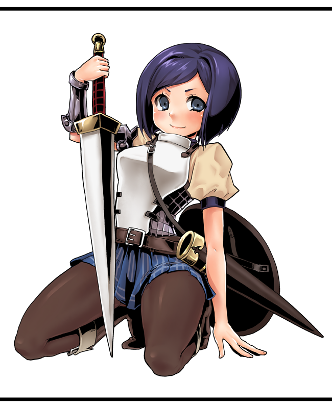 blue_eyes, blue_hair, buckler, gauntlets, kneeling, pantyhose, po_ni, sekaiju_no_meikyuu