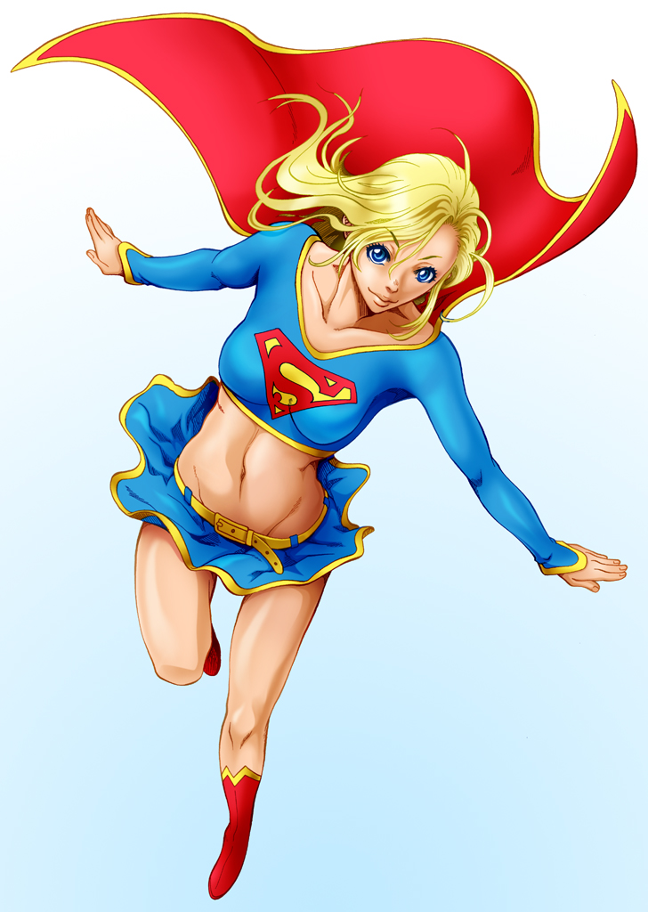 1girl, alien, blonde_hair, blue_eyes, boots, bouzu_oyaji, cape, crop_top, dc_comics, female, flying, full_body, kryptonian, long_hair, long_sleeves, midriff, miniskirt, navel, red_shoes, s_shield, skirt, skirt_lift, solo, supergirl, tonbo_mam, wind_lift