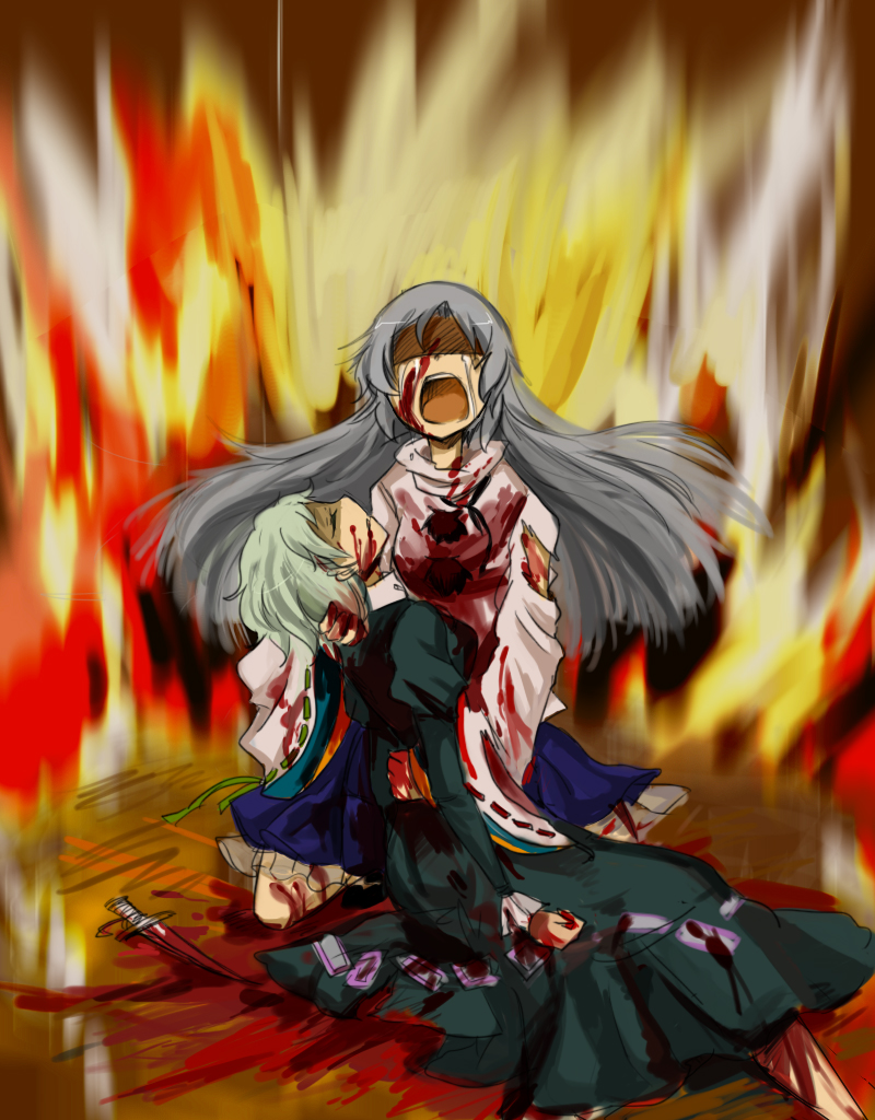blood, blood_on_face, blood_on_hair, bloody_clothes, closed_eyes, dagger, death, dress