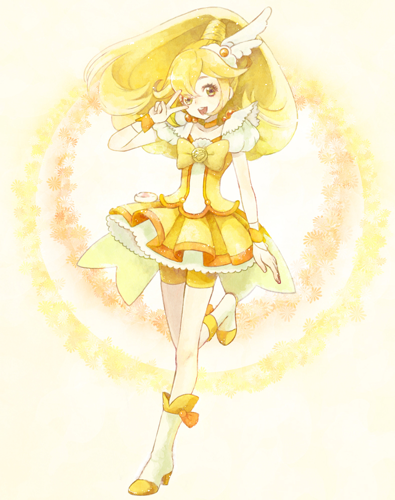 bad_id, bike_shorts, blonde_hair, boots, bow, bowtie, cako, cako_asida, choker, cure_peace, dress, hair_ornament, hairpin, head_wings, high_heels, kise_yayoi, long_hair, magical_girl, petticoat, precure, ribbon, shoes, shorts_under_skirt, skirt, smile, smile_precure!, solo, v, yellow, yellow_background, yellow_dress, yellow_eyes