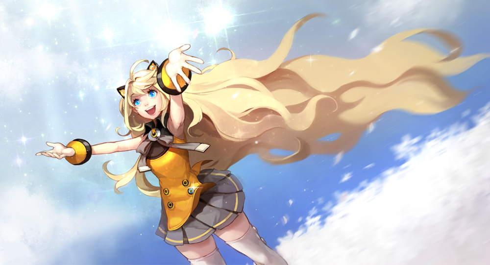 armpits, arms_up, bare_shoulders, blonde_hair, blue_eyes, bracelet, headset, jewelry