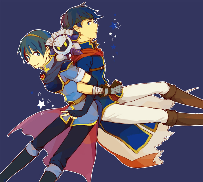 3boys, blue_hair, cape, fire_emblem, fire_emblem:_mystery_of_the_emblem, fire_emblem:_souen_no_kiseki, gloves, hairband