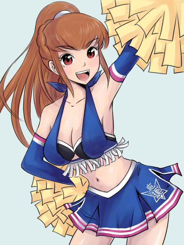 amemiya_sayaka, armpits, bare_shoulders, breasts, brown_eyes, brown_hair, cheerleader, cleavage, detached_sleeves, halter_top, halterneck, hamu_agaki, long_hair, midriff, navel, open_mouth, osu!_tatakae!_ouendan, pleated_skirt, pom_poms, ponytail, shiny, shiny_skin, simple_background, skirt, smile