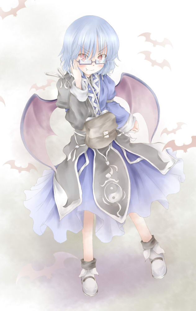 bat, bat_wings, bespectacled, blue_hair, blush, cosplay, fang, glasses