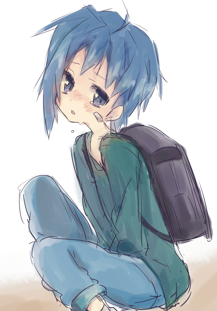 aichi, androgynous, backpack, bag, bandaid, blue_eyes, blue_hair, blush, cardfight!!_vanguard, male, nakamura_sandayo, randoseru, sendou, sendou_aichi, simple_background, solo, tears, v_arms, white_background