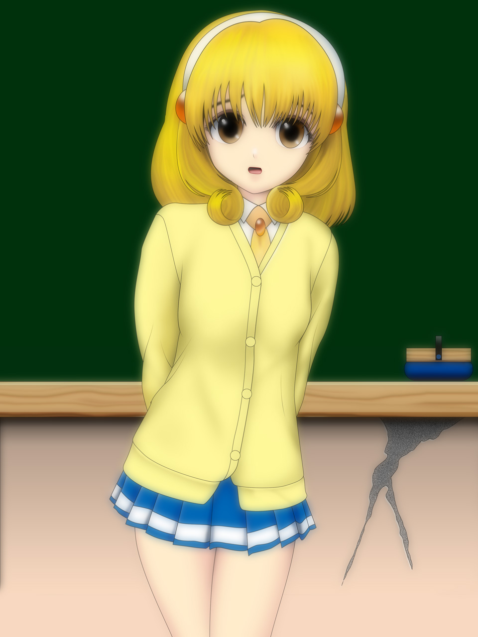 blonde_hair, brown_eyes, cardigan, chalkboard, eraser, hairband, highres, kise_yayoi
