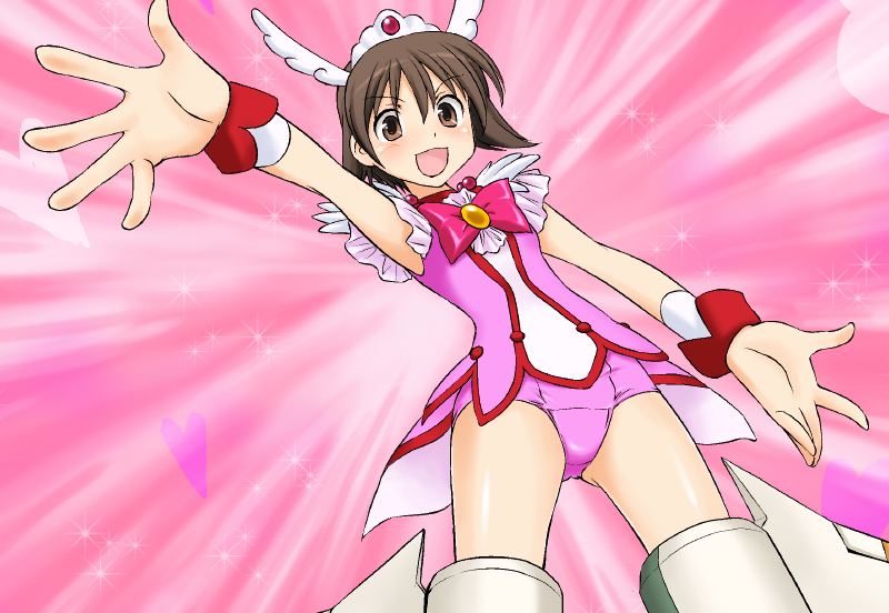 :3, adapted_costume, bow, brown_eyes, brown_hair, cosplay, cure_happy, cure_happy_(cosplay)