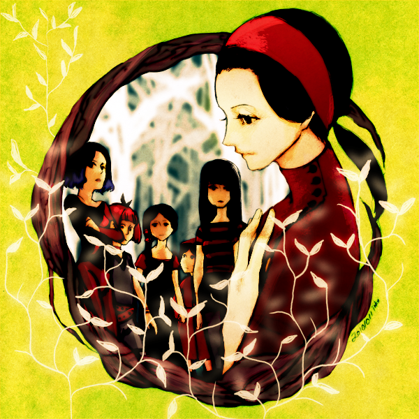 6+girls, artist_request, black_hair, carmen_(the_path), crossed_arms, ginger_(the_path), hand_on_own_chest, long_hair