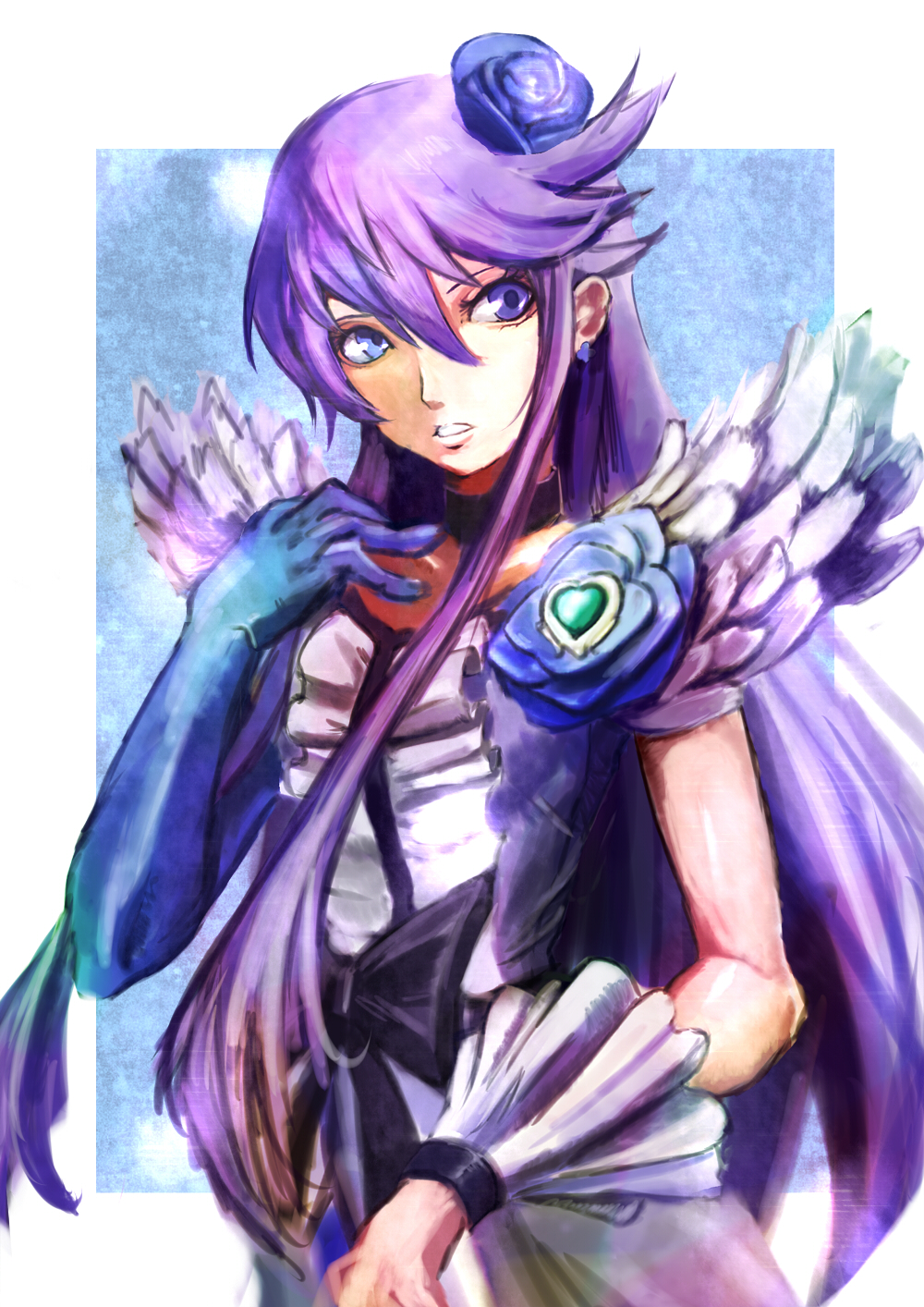 blue_background, blue_rose, bow, cure_moonlight, flower, hair_flower, hair_ornament, heartcatch_precure!