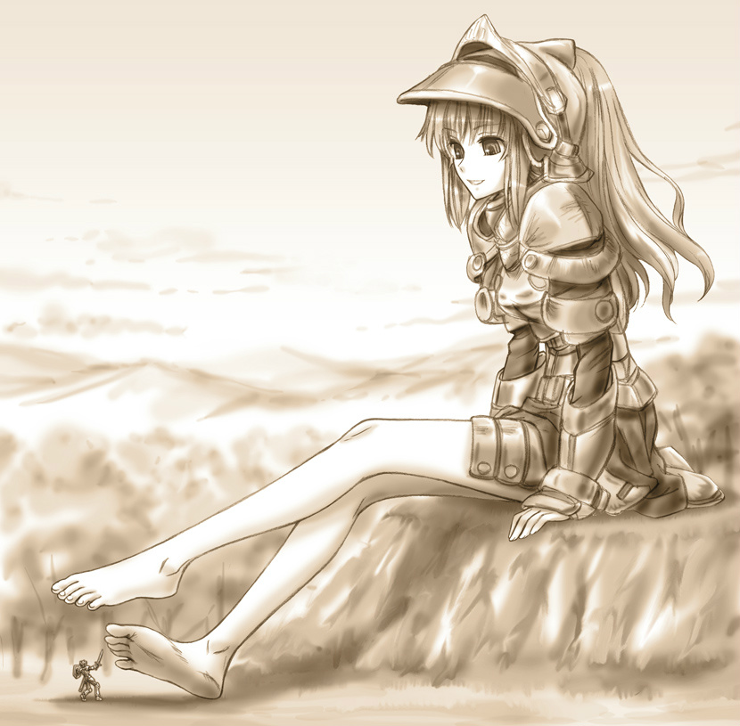 1girl, armor, bare_legs, barefoot, copyright_request, eichikei_(hakuto), feet, giantess, knight, legs, monochrome, shield, sword, weapon