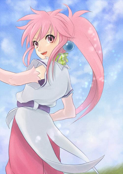 arche_klein, blue_background, earrings, jewelry, long_hair, pants, pink_eyes, pink_hair