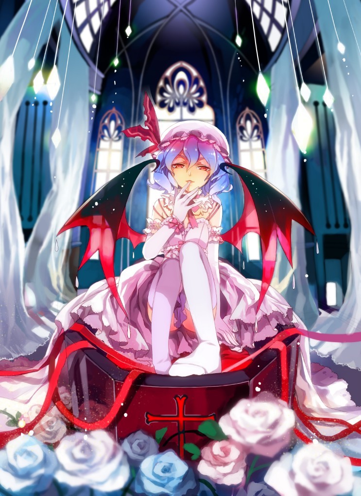 alternate_costume, bat_wings, blue_hair, coffin, dress, elbow_gloves, feet, finger_to_mouth