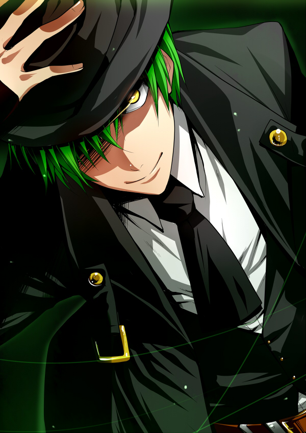 blazblue, fedora, fingerless_gloves, formal, gloves, green_hair, hat, hazama
