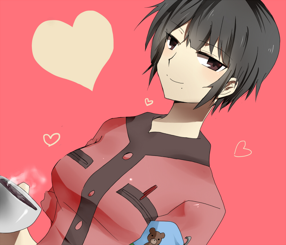 aimai_(luckyfive), armband, bad_id, black_hair, black_rock_shooter, brown_eyes, coffee, cup