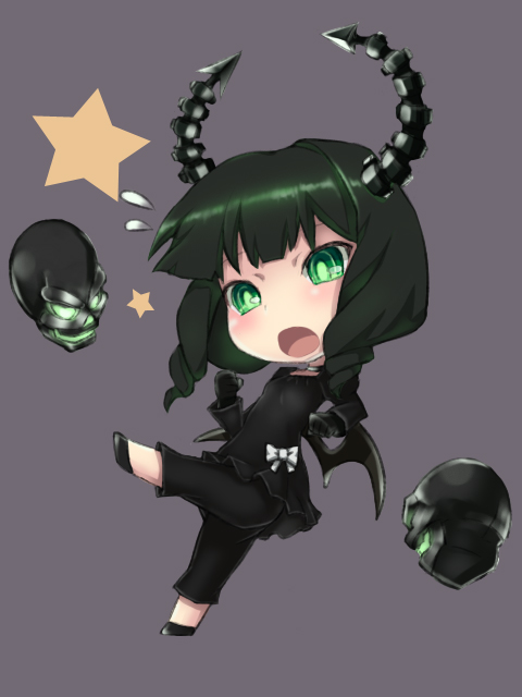 black_hair, black_rock_shooter, chibi, dead_master, gloves, green_eyes, horns, long_hair