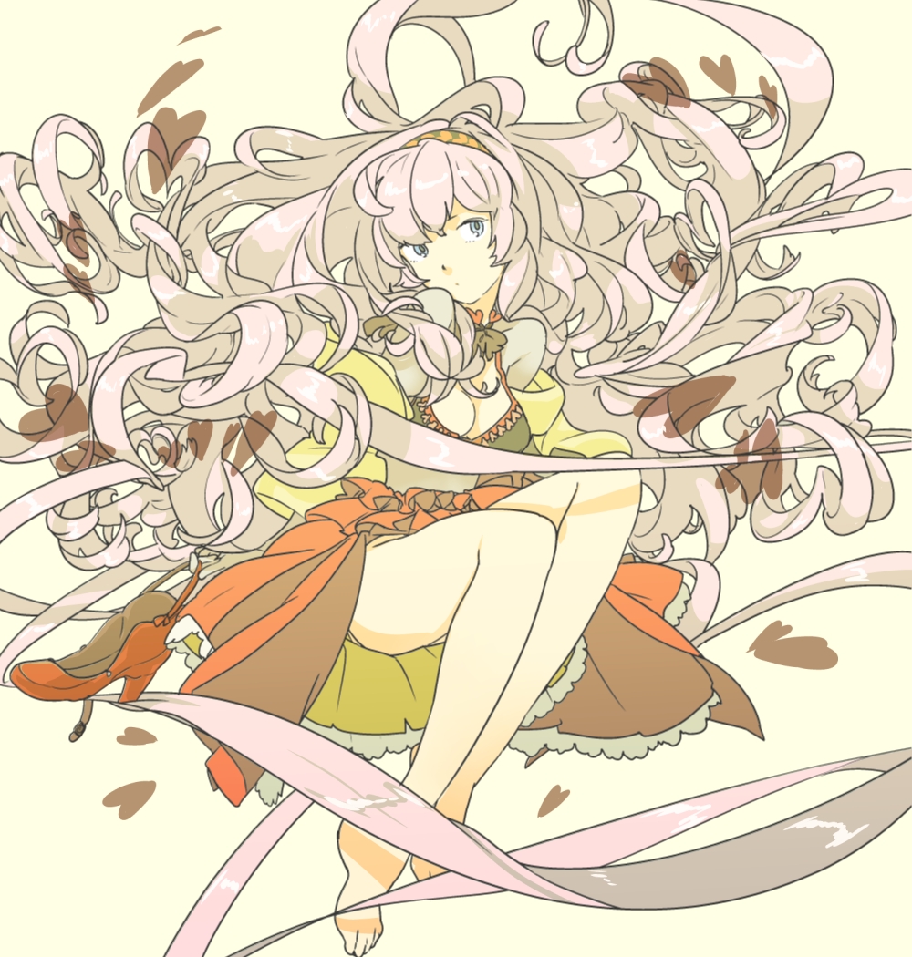 alternate_costume, bad_id, bare_legs, barefoot, big_hair, blue_eyes, breasts, cleavage