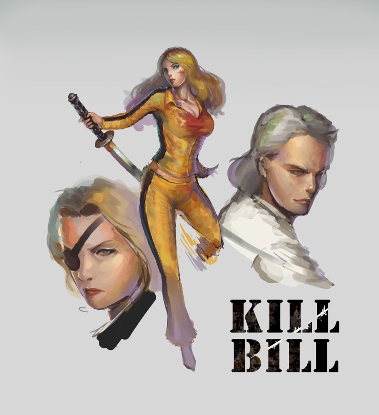beatrix_kiddo, bill_(kill_bill), blonde_hair, blood, bruce_lee's_jumpsuit, bruce_lee's_jumpsuit, elle_driver, eyepatch