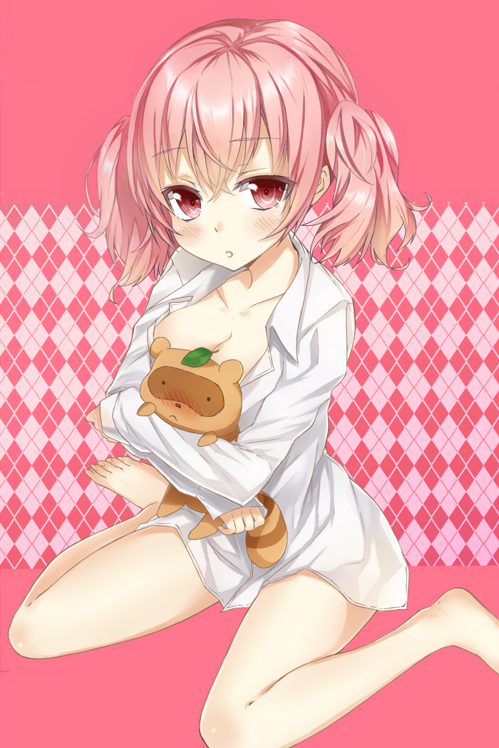animal_hug, argyle, argyle_background, barefoot, blush, breasts, cleavage, heirou