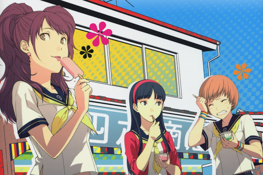3girls, :p, amagi_yukiko, bangs, black_eyes, black_hair, blunt_bangs, blush, brain_freeze, brown_eyes, brown_hair, building, closed_eyes, earrings, eating, eyes_closed, flinch, food, hairband, highres, ice_cream, jewelry, kujikawa_rise, long_hair, multiple_girls, official_art, persona, persona_4, popsicle, red_hair, redhead, satonaka_chie, scan, school_uniform, serafuku, short_hair, sky, smile, soejima_shigenori, sogabe_shuuji, tongue, tongue_out, twintails