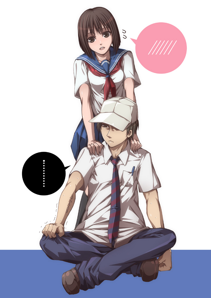 1boy, 1girl, baseball_cap, brown_eyes, brown_hair, danshi_koukousei_no_nichijou, habara_(danshi_koukousei), hat