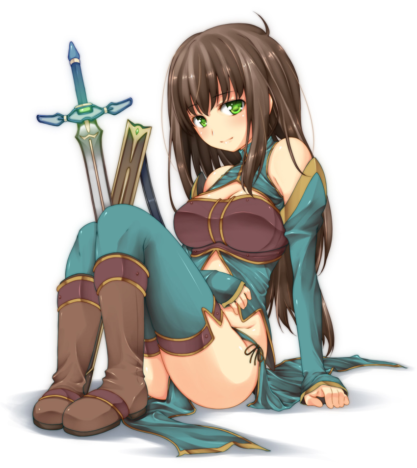 arm_support, bad_id, bare_shoulders, big_wednesday, boots, breasts, brown_hair, cleavage, corbucci, detached_sleeves, green_eyes, green_legwear, halter_top, halterneck, highres, loincloth, long_hair, looking_at_viewer, midriff, original, sheath, side-tie_skirt, sitting, sleeves_past_wrists, smile, solo, sword, thigh-highs, thighhighs, weapon