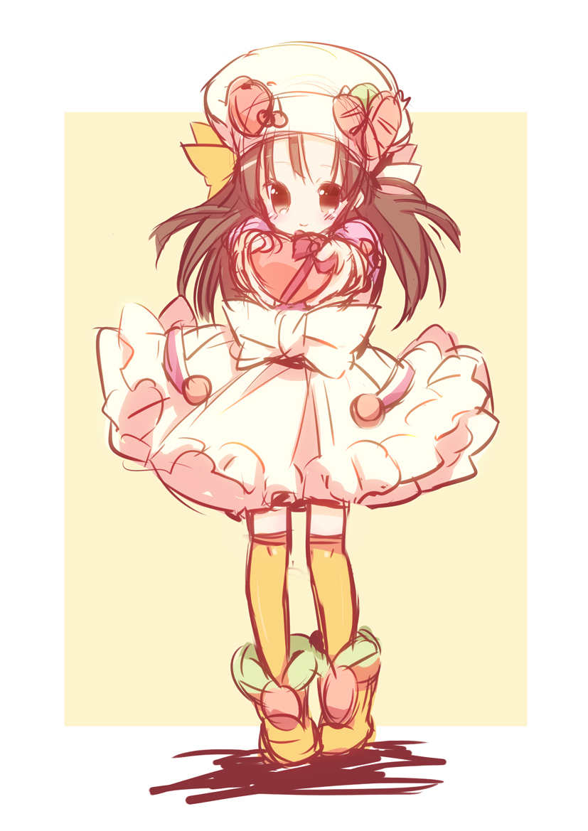 bow, brown_eyes, brown_hair, carrot, cherry, cooking_idol_ai!_mai!_main!, dress, food