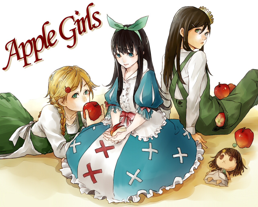 apple, apron, black_hair, bunny, elysion, food, fruit, hime_cut