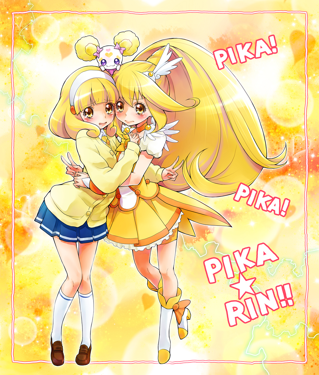 bike_shorts, blonde_hair, blush, boots, candy_(smile_precure!), cardigan, choker, cure_peace, dress, dual_persona, electricity, hairband, highres, hug, kise_yayoi, kneehighs, loafers, long_hair, magical_girl, minimaru, pika_pika_pikarin_jankenpon, precure, shoes, short_hair, shorts_under_skirt, shy, skirt, smile_precure!, tears, v, white_legwear, yellow, yellow_background, yellow_dress, yellow_eyes