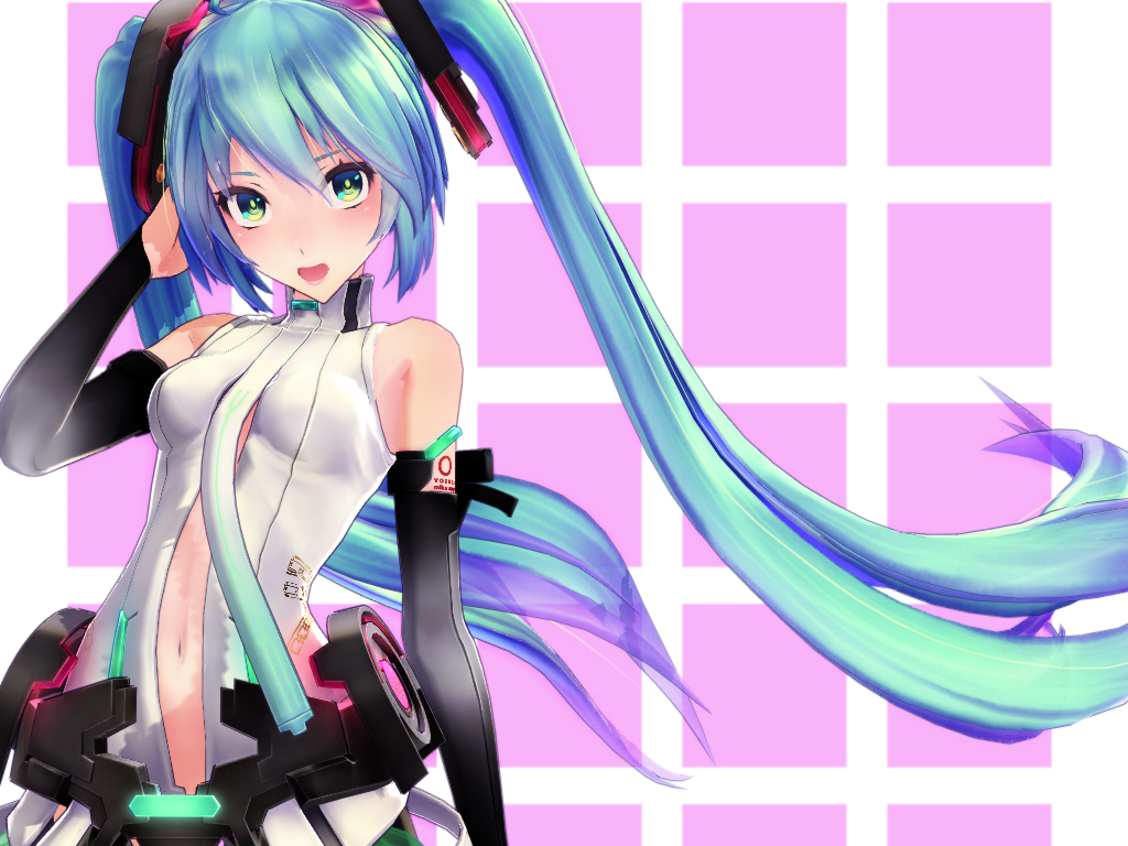 3d, aqua_eyes, aqua_hair, bare_shoulders, belt, bridal_gauntlets, elbow_gloves, fingerless_gloves, gloves, hatsune_miku, hatsune_miku_(append), lente, long_hair, looking_at_viewer, miku_append, mikumikudance, navel, necktie, open_mouth, solo, twintails, very_long_hair, vocaloid, vocaloid_(tda-type_ver), vocaloid_append