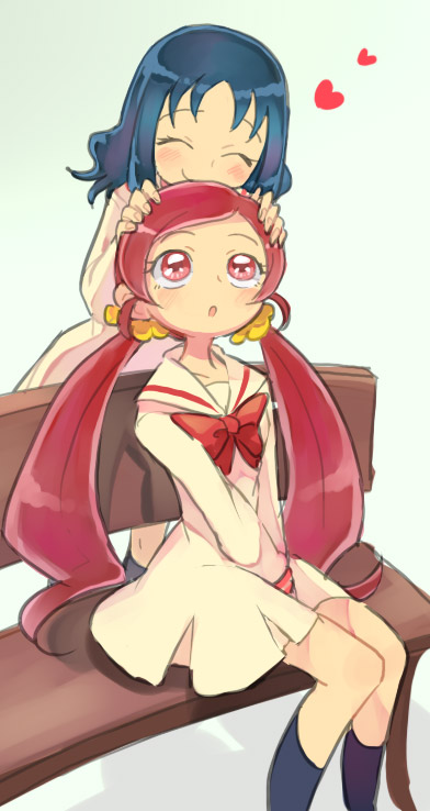 ^_^, between_thighs, blue_hair, blush, closed_eyes, eyes_closed, hanasaki_tsubomi, heart