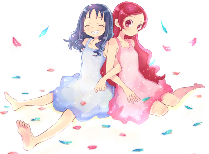 ^_^, barefoot, blue_hair, closed_eyes, dress, eyes_closed, feet, grin