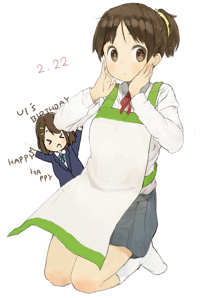 >_<, 2girls, apron, brown_eyes, brown_hair, happy_birthday, hirasawa_ui, hirasawa_yui