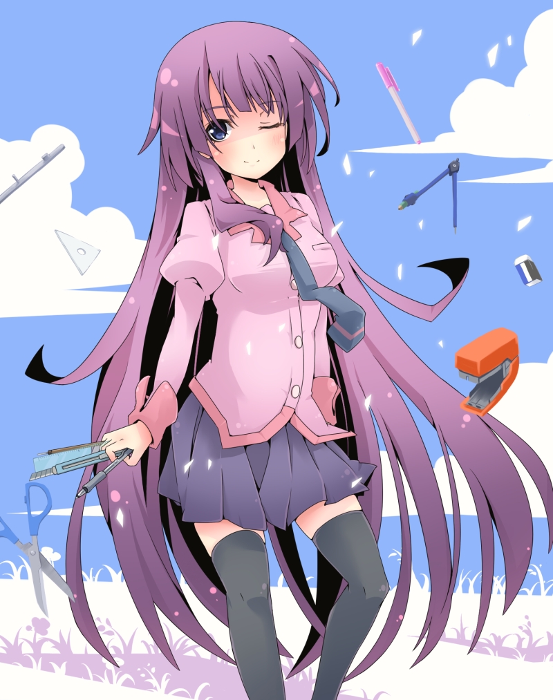 blue_eyes, boxcutter, compass_(instrument), eraser, long_hair, monogatari_(series), pen, purple_hair