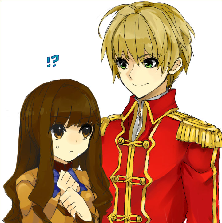 !?, 1boy, 1girl, ahoge, blazer, blonde_hair, border, brown_eyes, brown_hair, character_request, coat, epaulets, epaulettes, fate/extra, fate_(series), female, female_protagonist_(fate/extra), genderswap, green_eyes, hands_together, height_difference, kihiro, long_hair, looking_at_another, male, red_border, royal, saber_extra, school_uniform, short_hair, smile, solo, sweat, white_background