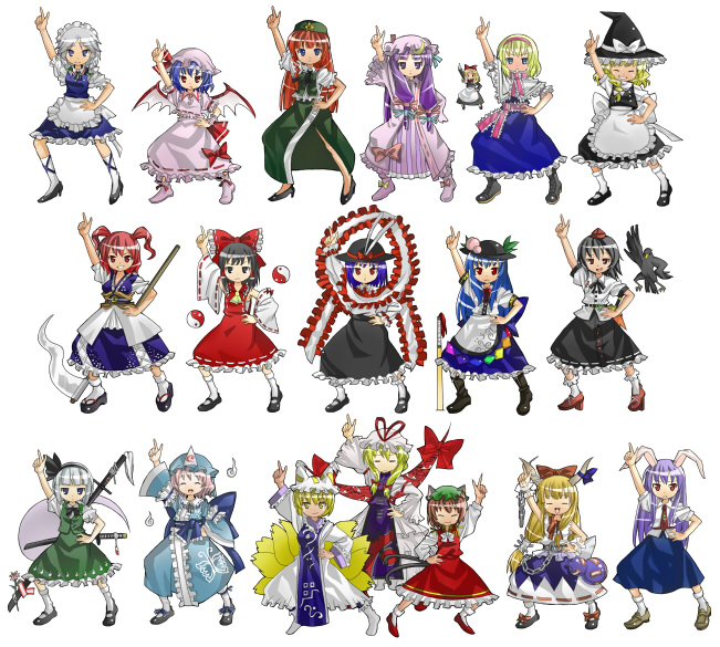 alice_margatroid, animal_ears, black_eyes, black_hair, blonde_hair, blue_eyes, blue_hair, cat_ears, cat_tail, chains, chen, detached_sleeves, everyone, eyes_closed, female, fox_tail, geta, green_hair, hair_ornament, hair_ribbon, hakurei_reimu, hand_on_hip, hat, high_heels, hinanawi_tenshi, hips, hong_meiling, horns, ibuki_suika, izayoi_sakuya, kirisame_marisa, konpaku_youmu, konpaku_youmu_(ghost), long_hair, maid, meme, miko, moketto, multiple_girls, multiple_tails, nagae_iku, odd_one_out, onozuka_komachi, parody, patchouli_knowledge, pink_hair, pointing, pointing_up, pose, purple_eyes, purple_hair, red_eyes, red_hair, reisen_udongein_inaba, remilia_scarlet, ribbon, saigyouji_yuyuko, saturday_night_fever, scarlet_weather_rhapsody, shameimaru_aya, shanghai_doll, shawl, short_hair, short_twintails, silver_hair, skirt, smile, style_parody, tail, tengu-geta, touhou, twintails, wings, witch, witch_hat, yakumo_ran, yakumo_yukari, yellow_eyes, yin_yang