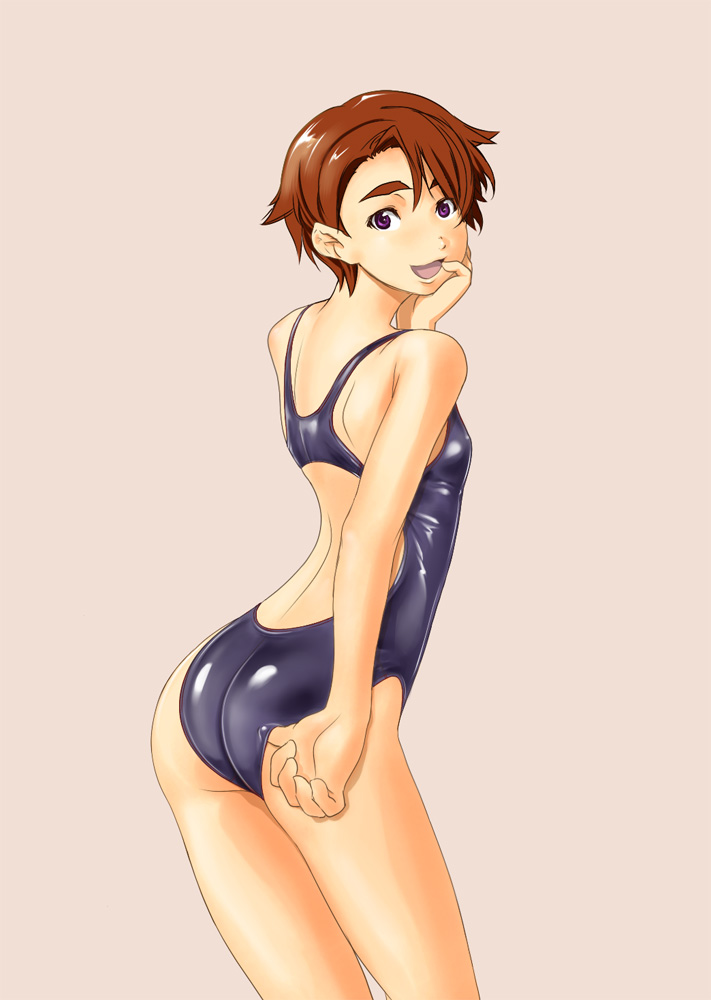 brown_hair, eyebrows, hand_on_own_face, looking_at_viewer, one-piece_swimsuit, open_mouth, planetes, shoko_(moccom), short_hair, simple_background, swimsuit, tanabe_ai, thick_eyebrows