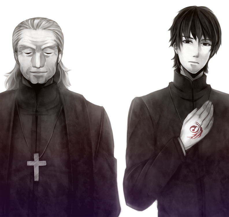 age_difference, closed_eyes, command_spell, cross, cross_necklace, eyes_closed, fate/zero, fate_(series)