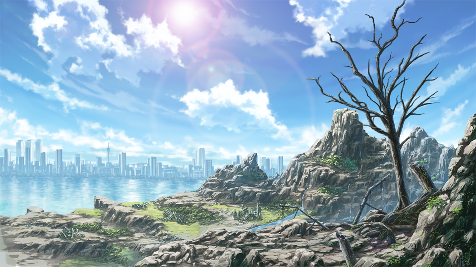 city, cloud, lens_flare, no_humans, original, scenery, sky, skyline, skyscraper, sun, tree, tsutomu_momouchi, water