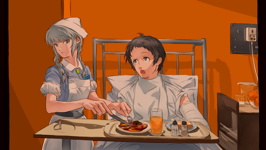 1boy, 1girl, adachi_tooru, apron, bed, braid, breasts, brown_hair