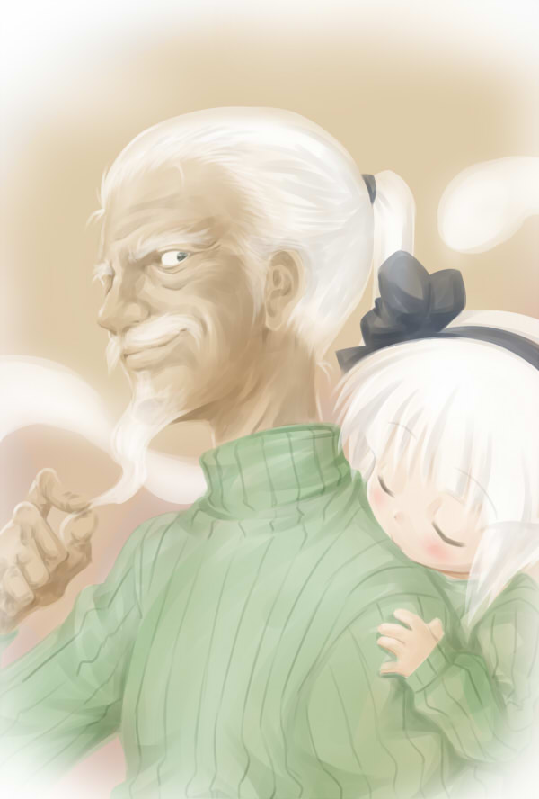 1girl, akou_roushi, alternate_costume, beard, blush, child, closed_eyes, eyes_closed